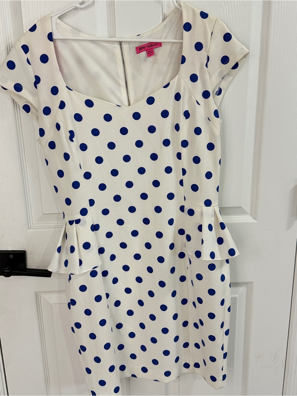 Betsey Johnson White Blue Polka Dot Dress Size 14 Cap Sleeve Retro